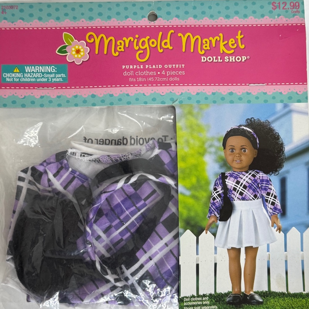 Marigold Market 18" Doll Shop 4pc.Purple Plaid Outfit Skirt Top Purse Head Band